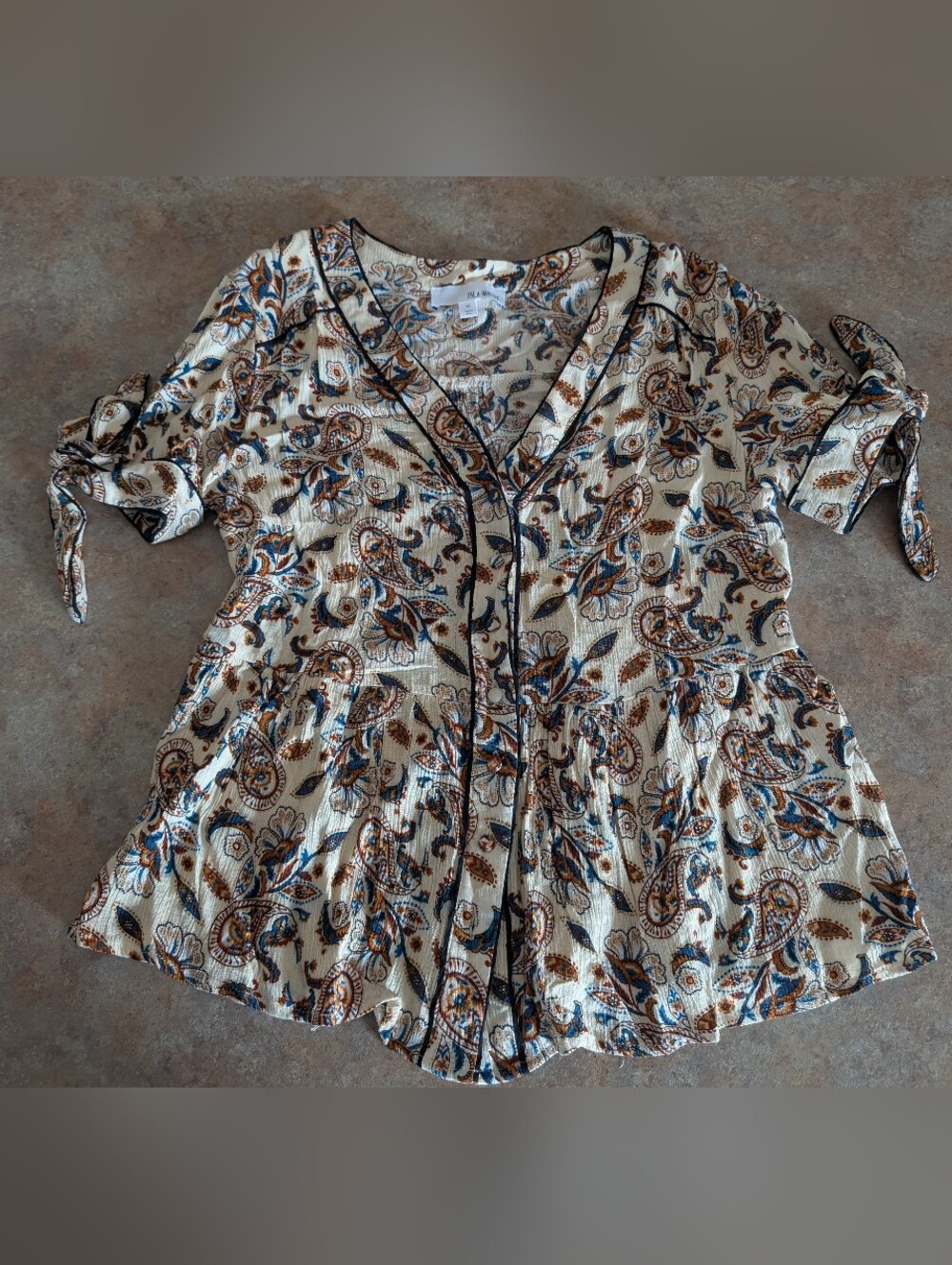 Boho Paisley V-Neck Tie-Sleeve Peplum Top - Cream/Blue/Brown
